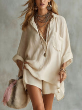 Load image into Gallery viewer, Summer New Women's Fashion Cotton Linen Pockets Beach Shorts Shirt Set
