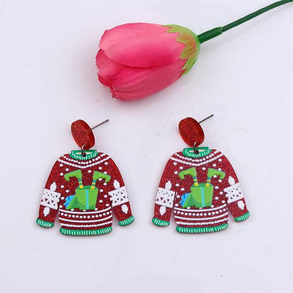 New Red Sweater Christmas Earrings Earstuds Cute Elk Santa Claus Christmas Tree Snowman Earrings