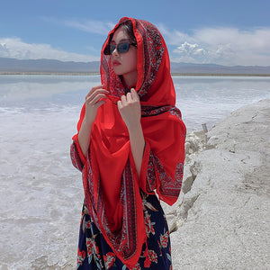 Red Ethnic Style Sunscreen Shawl Women's Summer Thin Style Wrapped with Silk Scarves, Beach Scarves