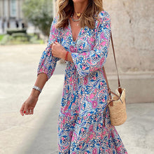 Load image into Gallery viewer, New Temperament V-neck Bohemian Print Swing Dress