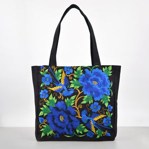 Ethnic Style Embroidered Shoulder Bag with Large Capacity Women's Tote Bag, Canvas, National Style Peony Handbag, Shopping Bag