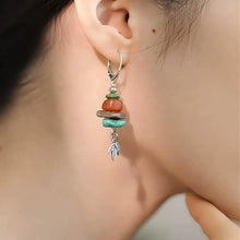 Load image into Gallery viewer, 925 Silver New Tibetan Retro Turquoise Asymmetrical Earrings Beeswax Ear Hooks Female Bamboo Leaf Agarwood High Sense Versatile