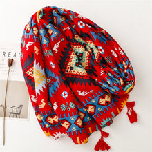 Load image into Gallery viewer, Retro Ethnic Style Red Geometric Bohemian Sunscreen Shawl Cotton Hemp Hand Scarf