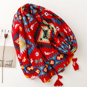 Retro Ethnic Style Red Geometric Bohemian Sunscreen Shawl Cotton Hemp Hand Scarf