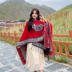 Tibetan Great Retro Totem Red Warm Outer Shawl Women's Scarf Autumn and Winter Cloak Big Cloak