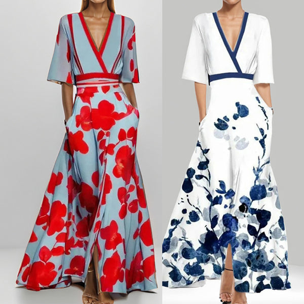 Women's Clothing New Fashion and Elegance Temperament V-neck Printed Lace-up Large Skirt Dress