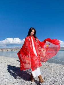 New Super Large Imitation Silk Embroidered Scarf Big Red Shawl with Flower Hat