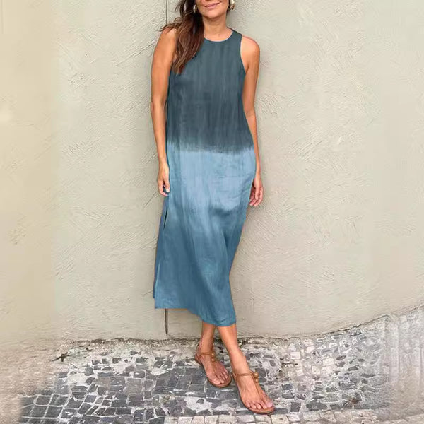 Women's Clothing Europe and The United States Summer Women's Casual Cotton and Linen Sleeveless Slit Gradual Change Dress