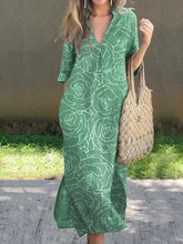 Load image into Gallery viewer, New Casual Summer Loose Skirt Slit V-neck Print Imitation Hemp Dress Cotton