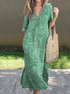 New Casual Summer Loose Skirt Slit V-neck Print Imitation Hemp Dress Cotton