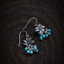 Load image into Gallery viewer, 925 Silver Retro New Tibetan Lotus Fringed Turquoise Earrings Women&#39;s Ethnic Style Old Niche Design High Sense