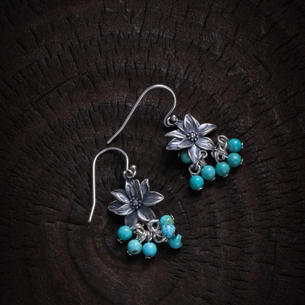 925 Silver Retro New Tibetan Lotus Fringed Turquoise Earrings Women's Ethnic Style Old Niche Design High Sense