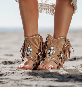 Summer Flat Bottomed Fringed Handmade Beaded Women's Sandals