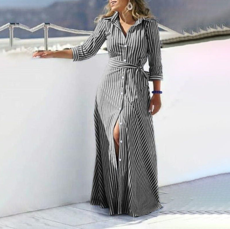 Cotton and Linen Yarn-dyed Sliver Women's Cardigan Belt High-end Loose Seven-quarter Sleeve Temperament Casual Dress