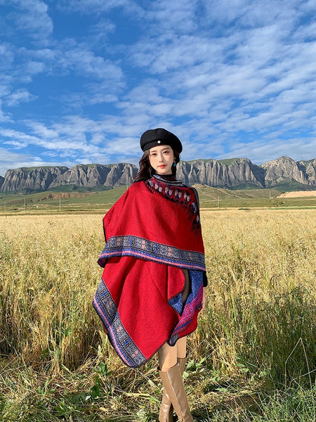 Tibetan Great Retro Totem Red Warm Outer Shawl Women's Scarf Autumn and Winter Cloak Big Cloak