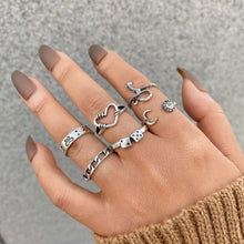 Load image into Gallery viewer, 9-piece Set of Vintage Crying Face Rings, Playing Card Rings, Hollowed Out Love Rings, Daisy Rings, Alloy Chain Rings