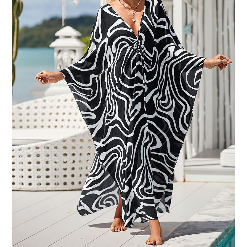 Summer Cotton Printed Beach Blouse Vacation Casual Bikini Sunscreen Beach Skirt