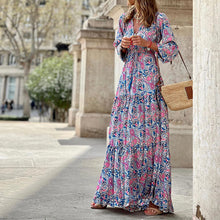 Load image into Gallery viewer, New Temperament V-neck Bohemian Print Swing Dress