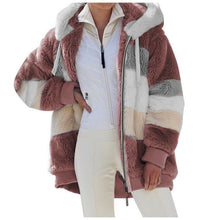 Load image into Gallery viewer, Autumn and Winter Warm Plush Patchwork Zipper Pocket Hooded Loose Coat Women