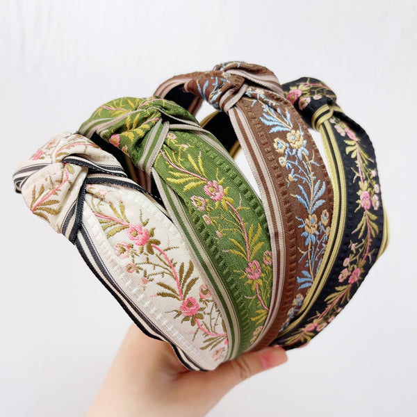 Ethnic Style Embroidery Headband, Retro Hair Accessories, Knotted in The Middle, Wide Edge Headband