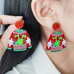 New Red Sweater Christmas Earrings Earstuds Cute Elk Santa Claus Christmas Tree Snowman Earrings