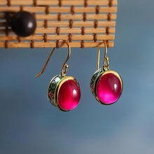 Load image into Gallery viewer, Gilded Enamel Color National Style Flower Light Luxury Ruby Female Living Ring Earrings