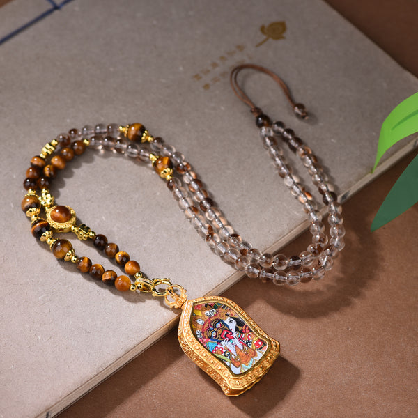 White Crystal Tiger's Eye Stone Necklace Tibetan Style Goddess of Wealth Zakiram Thangka Pendant Rope Girls Jewelry