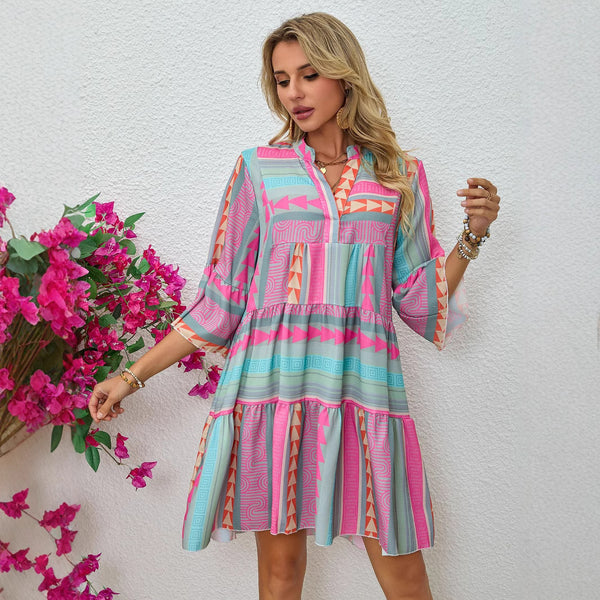Women's Clothing New Spring and Autumn Printing V-neck Seven-quarter Sleeve Dress
