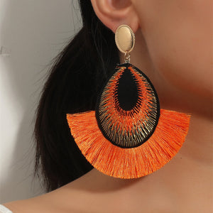 Bohemian peacock feather tassels exaggerated long earrings