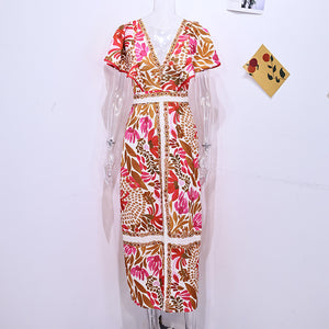 New V-neck Feifei Sleeve Split Dress High Waist Backless Long Dress Celebrity Style