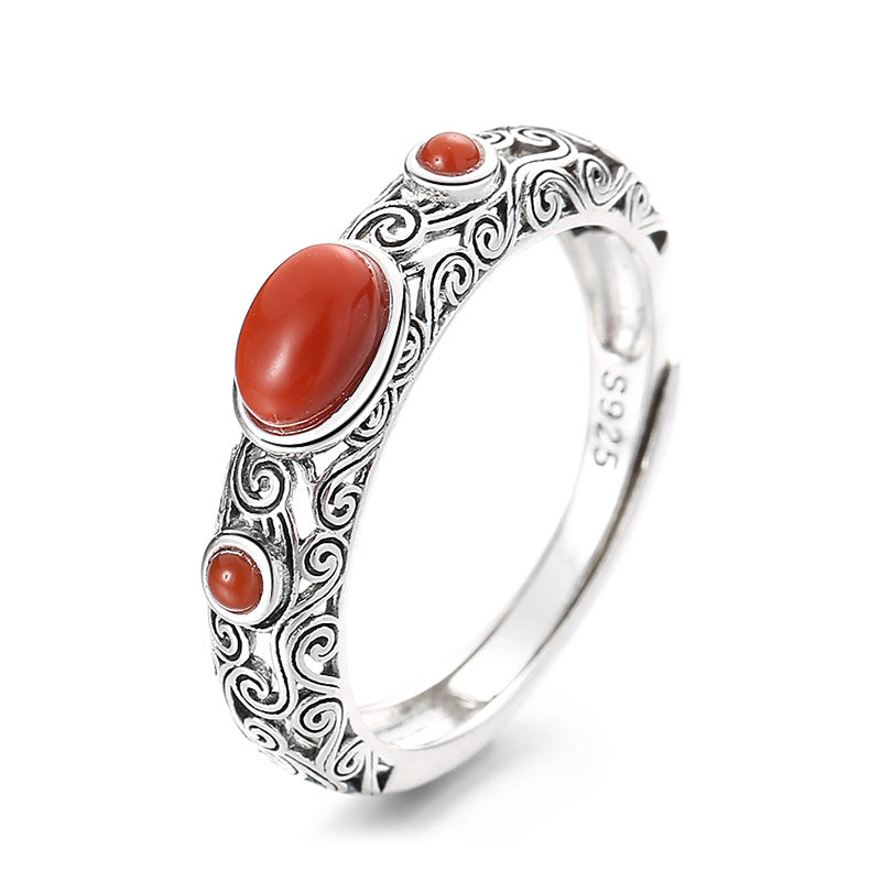 S925 Pure Silver Retro Old Craft Pattern Decorated with Southern Red Agate Art Style Open Ring