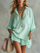 Load image into Gallery viewer, Summer New Women's Fashion Cotton Linen Pockets Beach Shorts Shirt Set