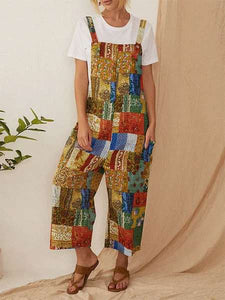 Women's Clothing Bohemian Character Print Suspenders Jumpsuit