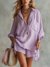 Load image into Gallery viewer, Summer New Women's Fashion Cotton Linen Pockets Beach Shorts Shirt Set