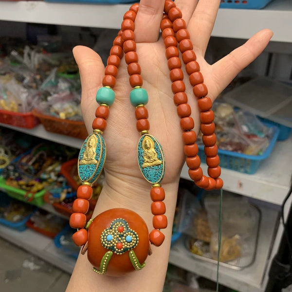 New Tibetan Ethnic Style Handmade Beeswax Turquoise Inlaid Nepalese Accessories Neck Hanging Sweater Chain