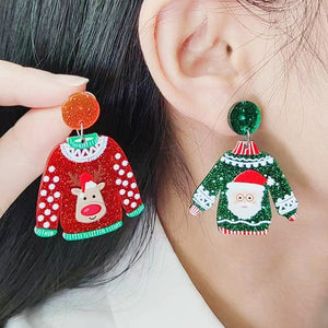 New Red Sweater Christmas Earrings Earstuds Cute Elk Santa Claus Christmas Tree Snowman Earrings