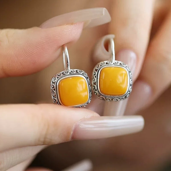 925 Silver Retro New Ethnic Style Chicken Oil Yellow Beeswax Square Ring Earrings Niche Design Premium