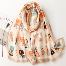 Load image into Gallery viewer, Spring and Autumn Sunscreen Cute Cat Paradise Printed Silk Scarf Satin Cotton Long Scarf