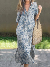 Load image into Gallery viewer, New Casual Summer Loose Skirt Slit V-neck Print Imitation Hemp Dress Cotton