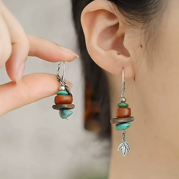 925 Silver New Tibetan Retro Turquoise Asymmetrical Earrings Beeswax Ear Hooks Female Bamboo Leaf Agarwood High Sense Versatile