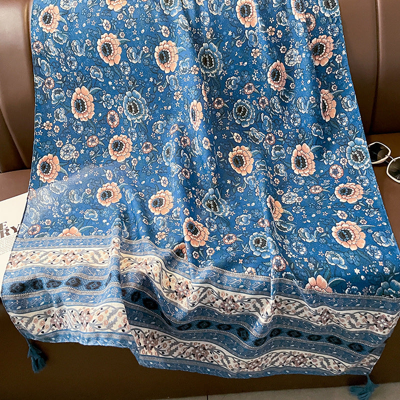 Ethnic Style Spring and Autumn New Blue Cotton Hemp Feel Thin Scarf with Flower Splice Fragmented Flower Retro Versatile Shawl