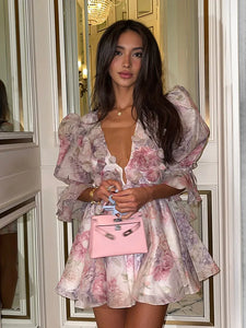 Flower Printed Short Puff Sleeve Mini Dress Women V Neck Beach Holiday Summer Short Vestido 2025 Seaside A-line Sexy Casual Gown