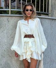 Load image into Gallery viewer, Fashion Women&#39;s Ruffles Short Dress Elegant Round Neck Lace Up Lantern Long Sleeve Mini Vestido Chic Female 2025 Solid Dresses