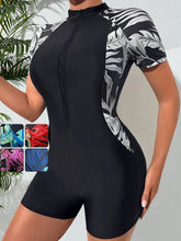 Load image into Gallery viewer, One Piece Floral Swimwear Swim Suit Women Short Sleeve Swimsuit Zip Front Tropical Plant Surfing Sun Protection（No built-in bra）