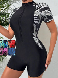 One Piece Floral Swimwear Swim Suit Women Short Sleeve Swimsuit Zip Front Tropical Plant Surfing Sun Protection（No built-in bra）
