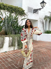 Load image into Gallery viewer, Women Flax Flower Print Maxi Boho Dress Vintage Street V Neck Lantern Sleeve Single Breasted Vestidos Lady Vacation Loose Robes