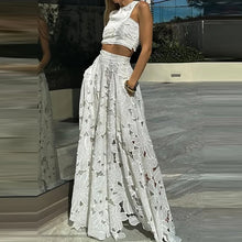 Load image into Gallery viewer, Spring Summer Holiday Boho Outfit Women Sexy O Neck Sleeveless Crop Top &amp; Maxi Skirts Set 2025 Fashion Embroidery Lace 2pcs Suit