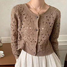 Load image into Gallery viewer, Long Sleeve Crochet Top for Women Sheer Button Up Hollow Out Openwork Knit Cardigan Jacket Spring Summer Boho Vacation Outfit