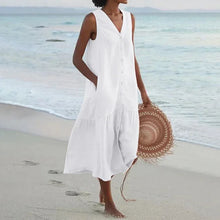 Load image into Gallery viewer, Summer Loose Casual Patchwork Cotton Linen Pocktes Dress V Neck Beach Style Dress Sleeveless Vintage Club Midi Solid Women Dress