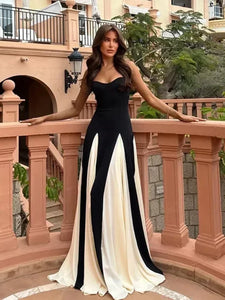 New Contrast Color A-line Women's Sling Dress Elegant Sleeveless Backless High Waist Long Robe Chic High Street Banquet Gowns